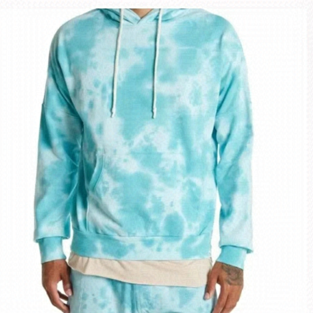 TIE-DYE Drawstring Pullover Hoodie Blue Turquoise Size L